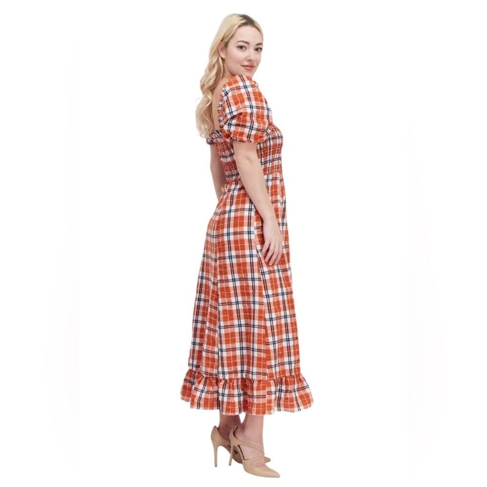 Fall Plaid Dress Smocked Bohemian Maxi Dress Orange Navy Combo Size M - Picture 5 of 11